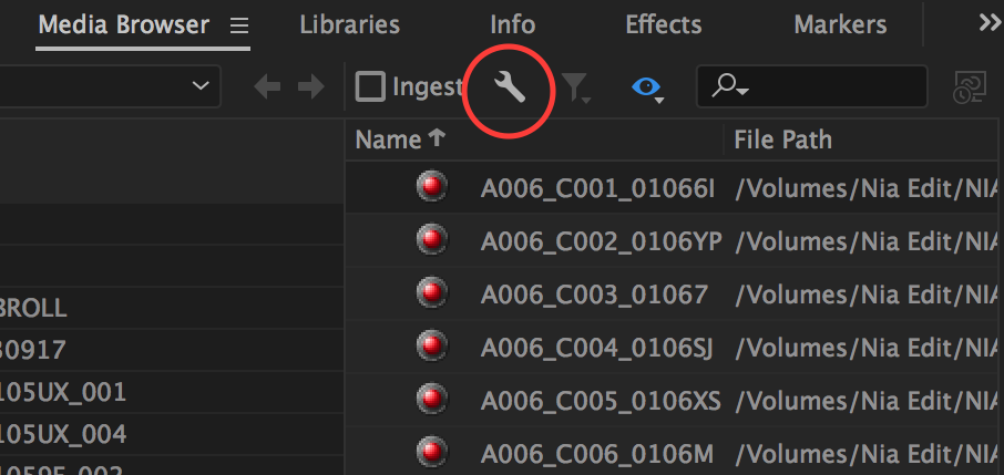 Premiere Pro Ingest Settings Wrench button