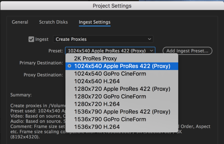 Premiere Pro project panel, choosing a proxy preset
