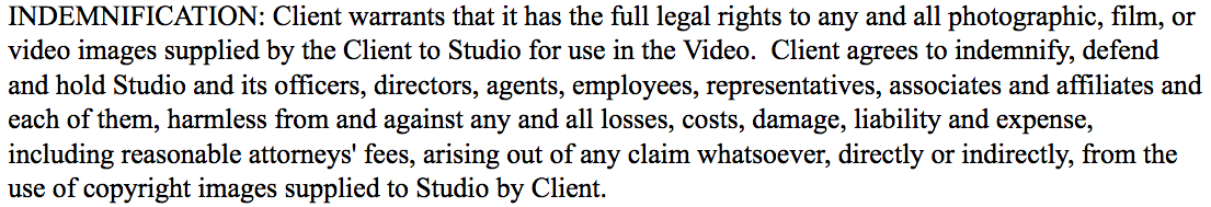 Videography contracts - indemnity clause