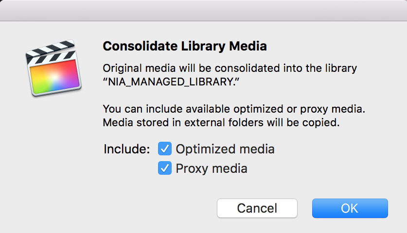 FCP X Proxies - Consolidate Media Dialogue Box