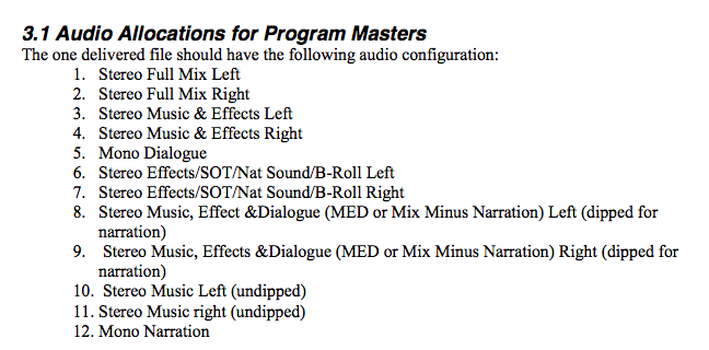 Audio Spec Sheet - Audio allocations for Program Masters