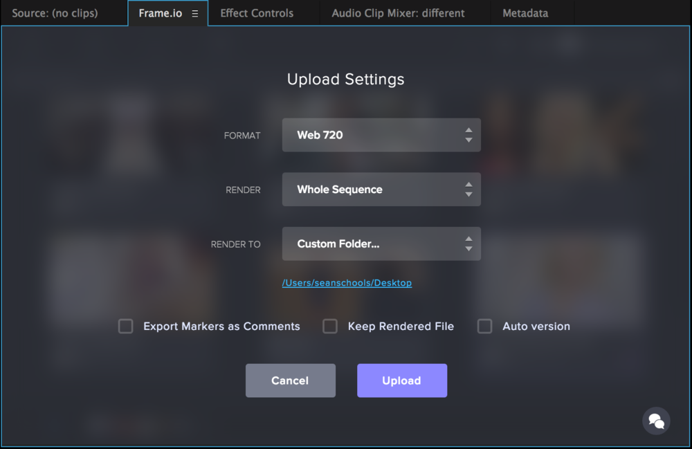 Frame.io upload panel in Premiere Pro