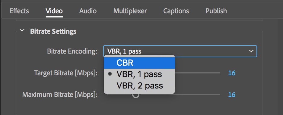  Opciones de CBR y VBR de Adobe Media Encoder