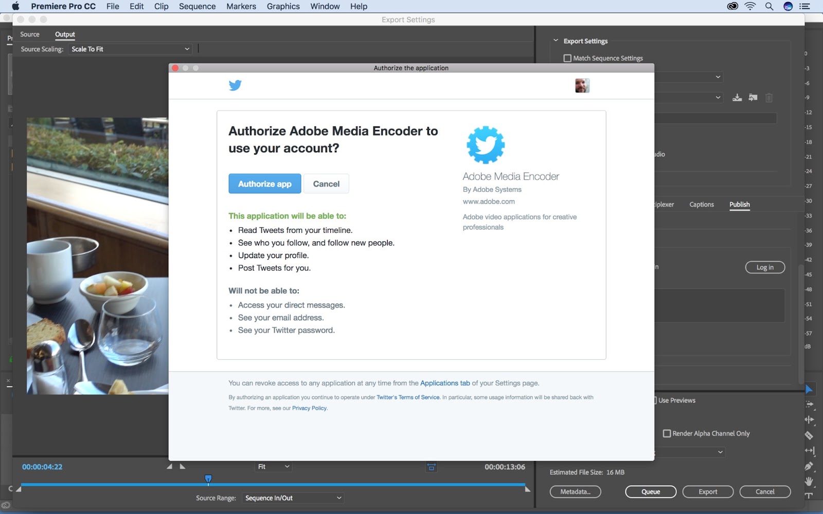 Adobe Media Encoder autorizzazione Twitter