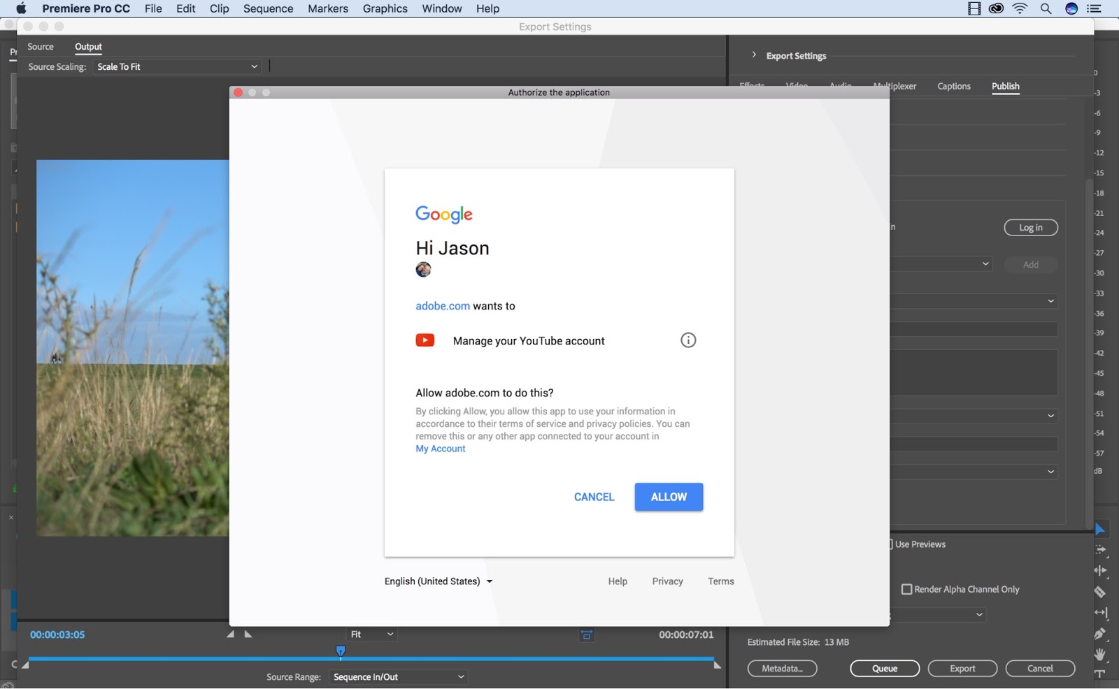 Autorizzazione Premiere Pro per accedere al tuo account YouTube