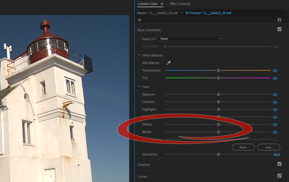 Premiere Color Correction: Blacks and Whites work first.
