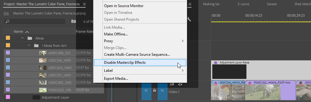 Premiere Color Correction: disable Masterclip effects