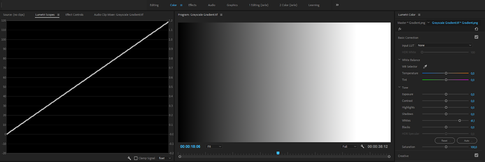 Premiere Color Correction: Linear gradient after white adjustment