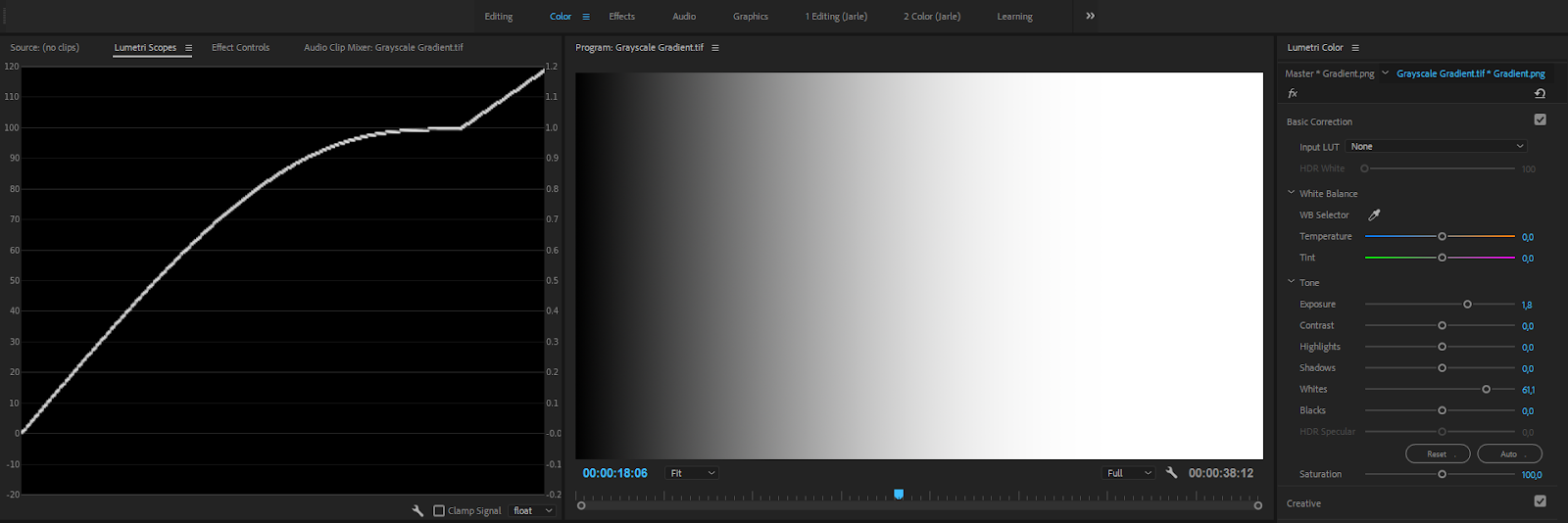 Premiere Color Correction: linear gradient after Exposure increase