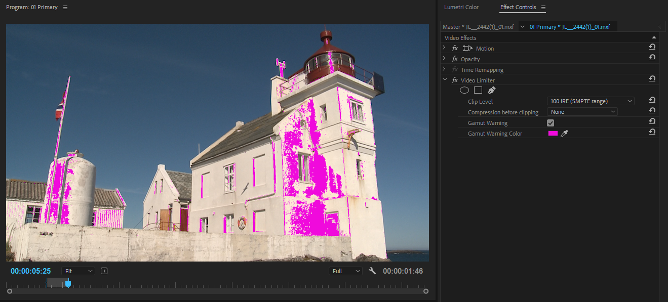 Premiere Color Correction: 100 IRE clip setting