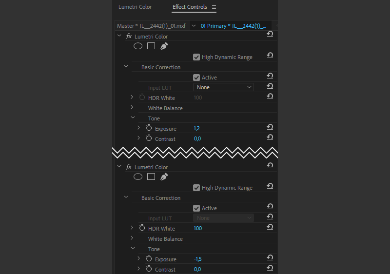 Adjusting stacked instances of Lumetri Color