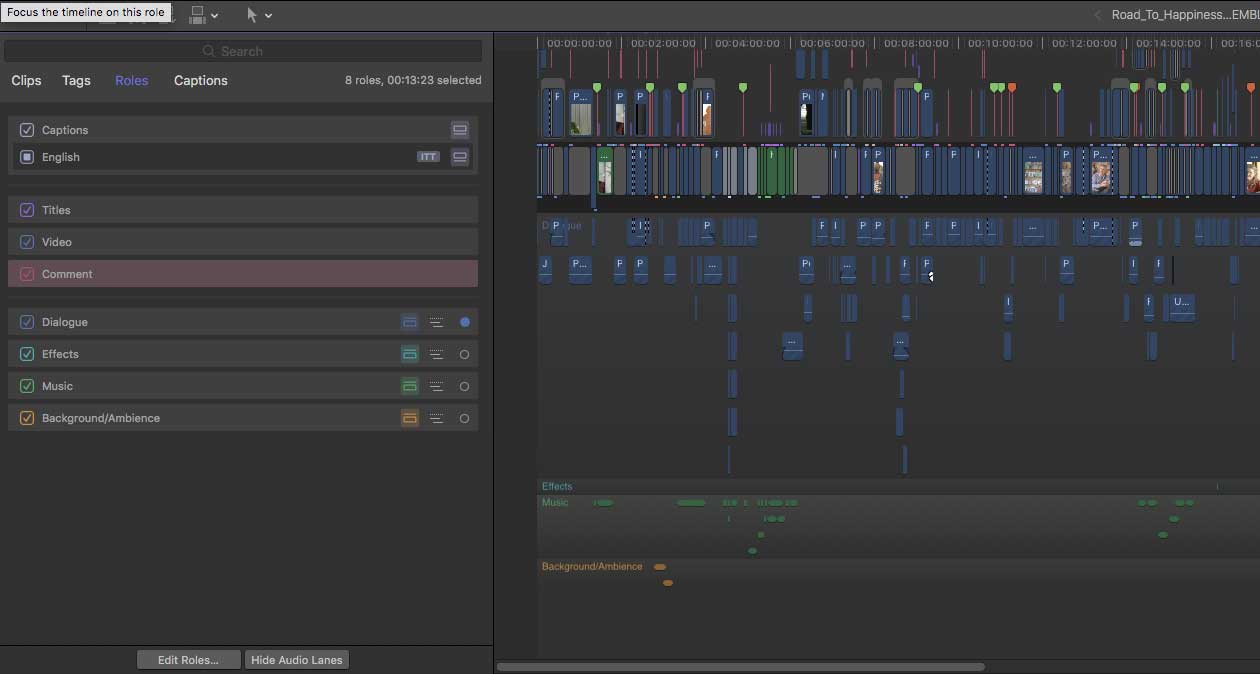 FCPX audio lanes with focus on dialogue