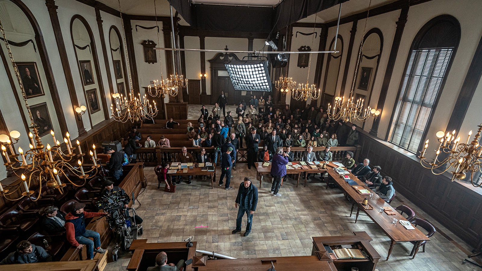 Wide shot of The Trial of the Chicago Seven's court set 