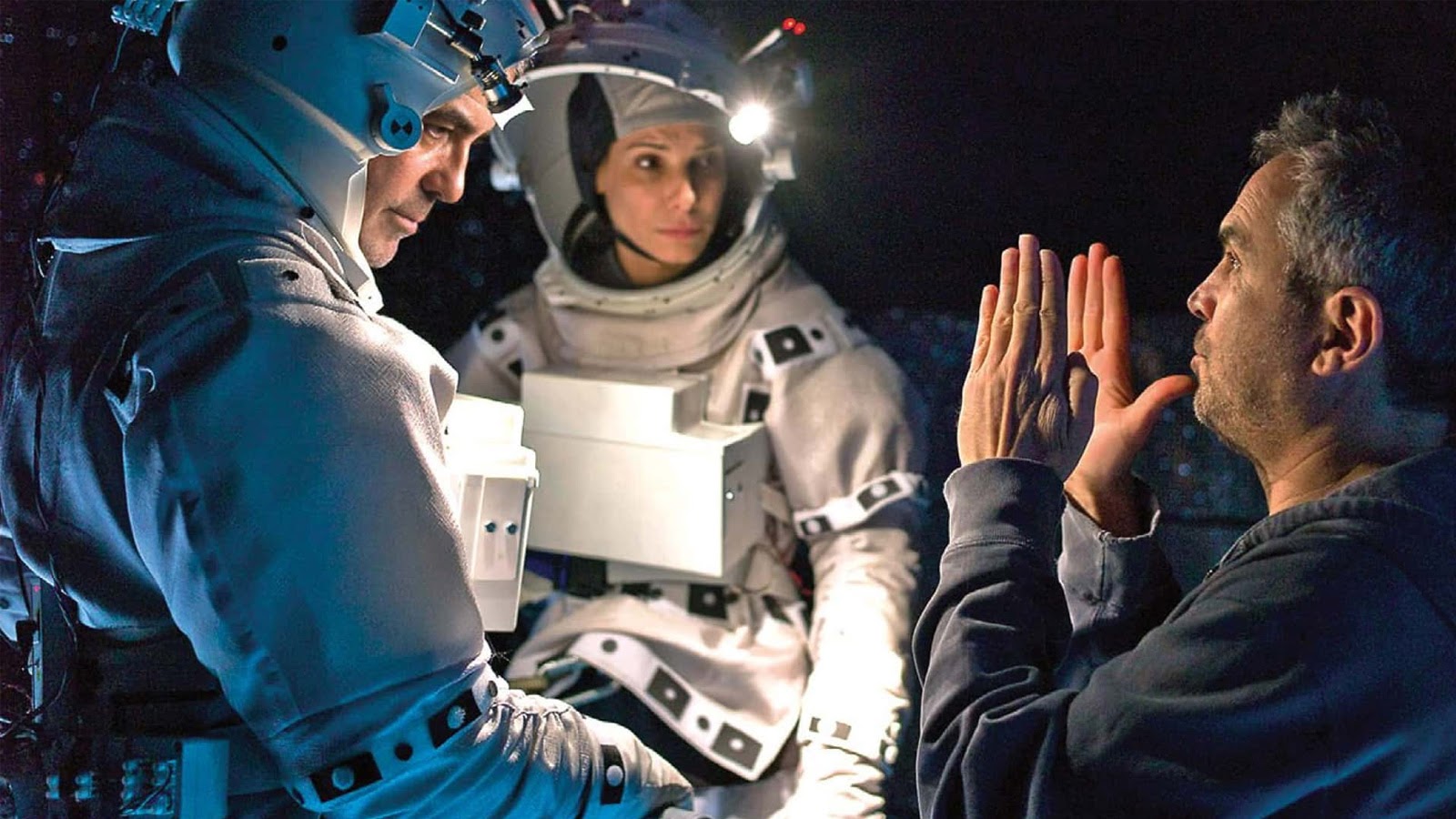 Cuaron, Bullock, and Clooney on set for Gravity