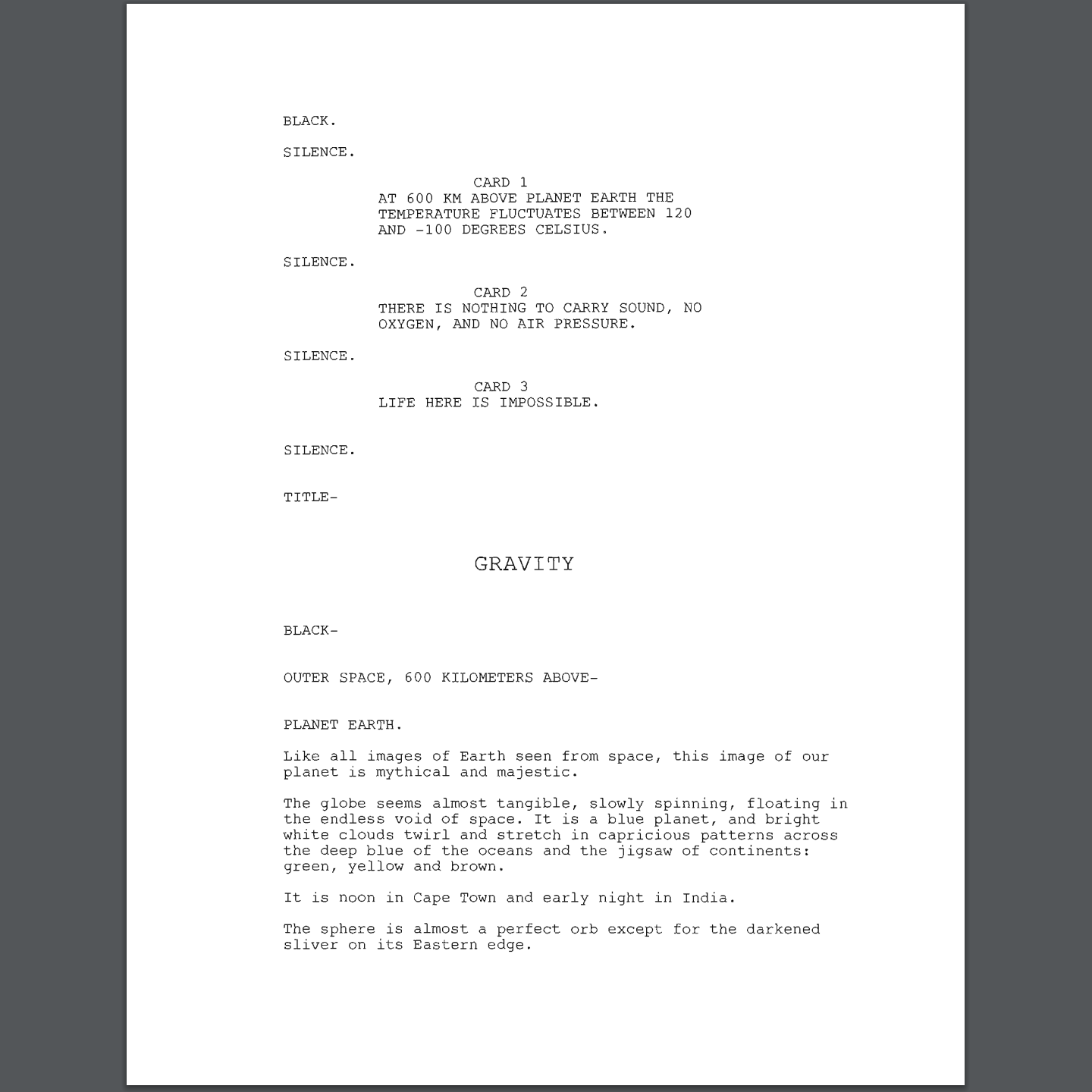 First page of the screenplay for Gravity