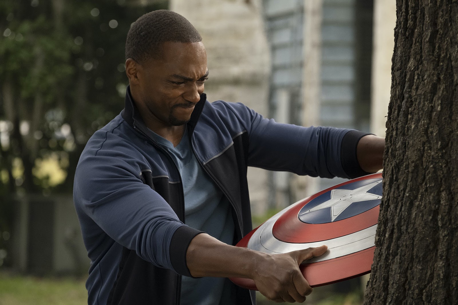 Sam (Anthony Mackie) struggles with Captain America's shield