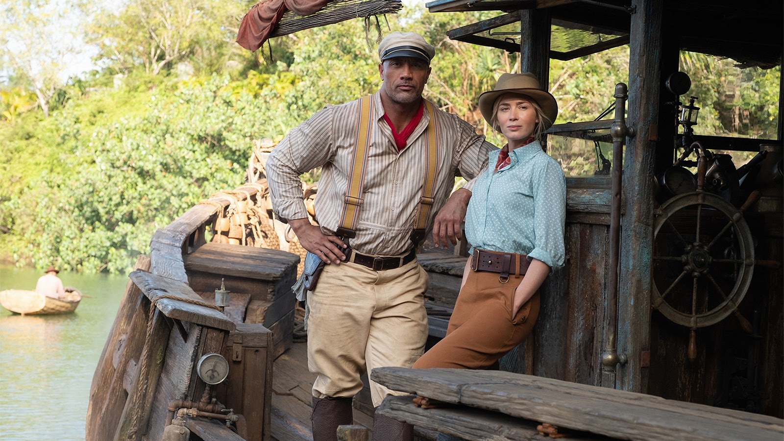 Emily Blunt and Dwayne Johnson pose on the set of Jungle Cruise.