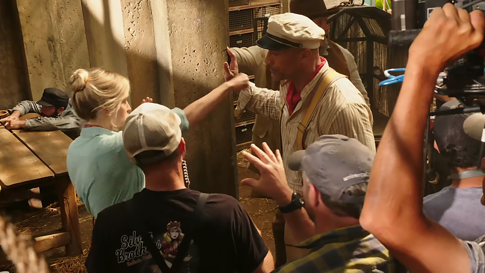Emily Blunt lines up a punch behind the scenes of Jungle Cruise. 