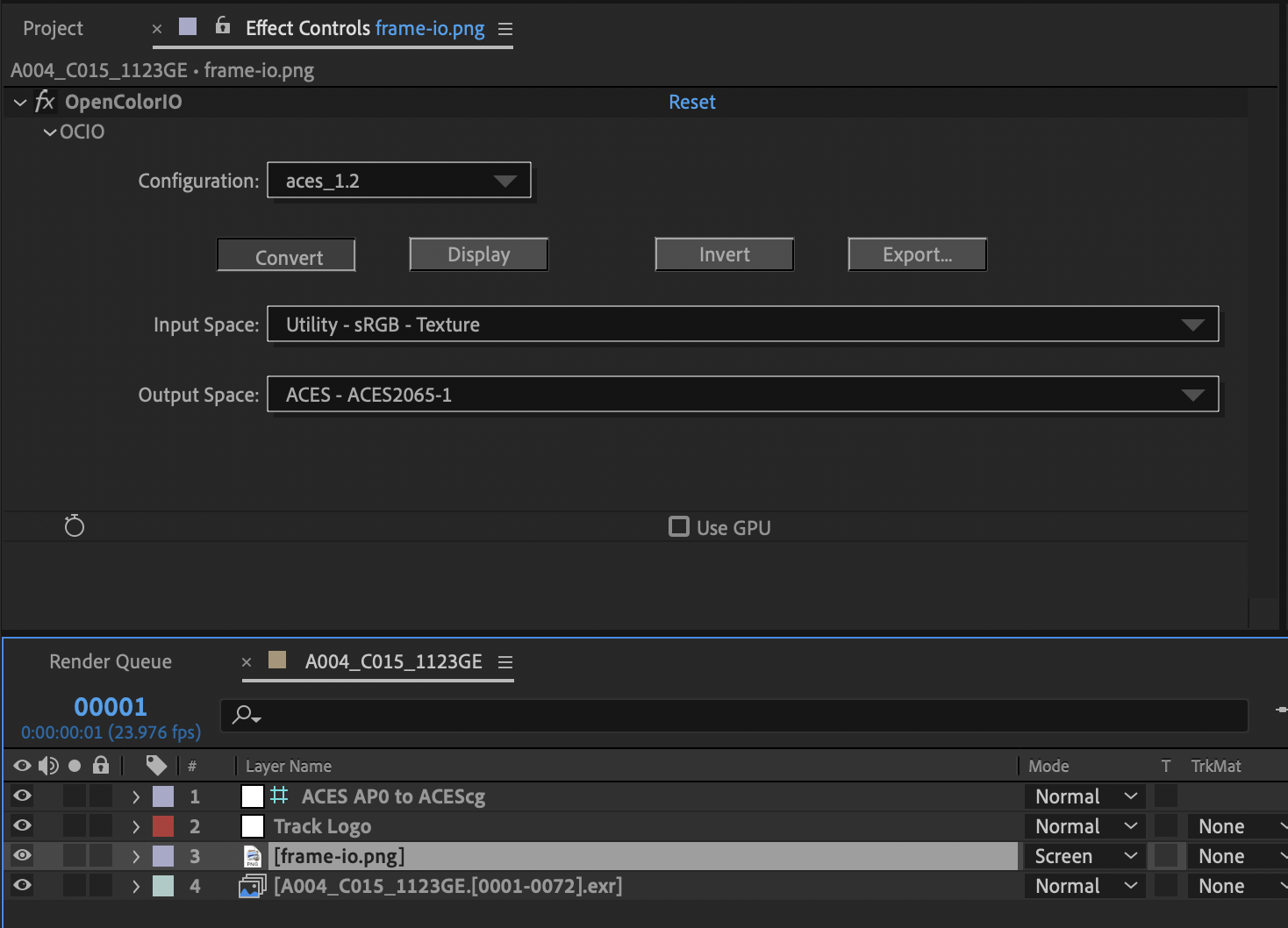 Selecting the Input and Output Spaces for the OpenColorIO plugin in After Effects.