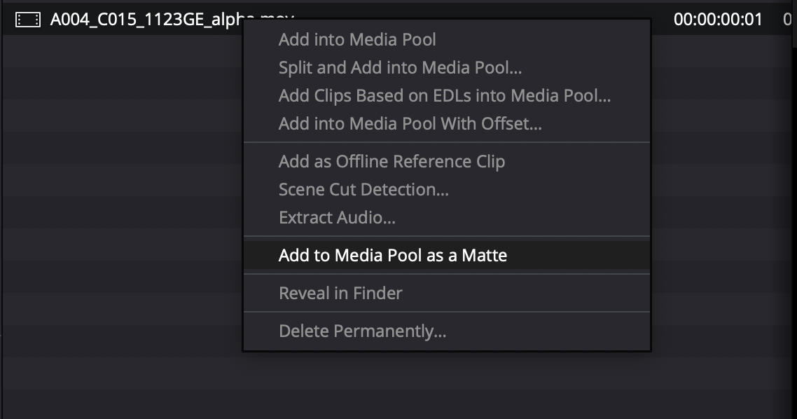 Select the Add to Media Pool as a Matte option to correctly interpret the alpha channel.