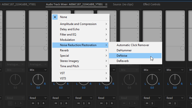 Adding effects to audio tracks using the drop-downs in the Effects and Sends panel.