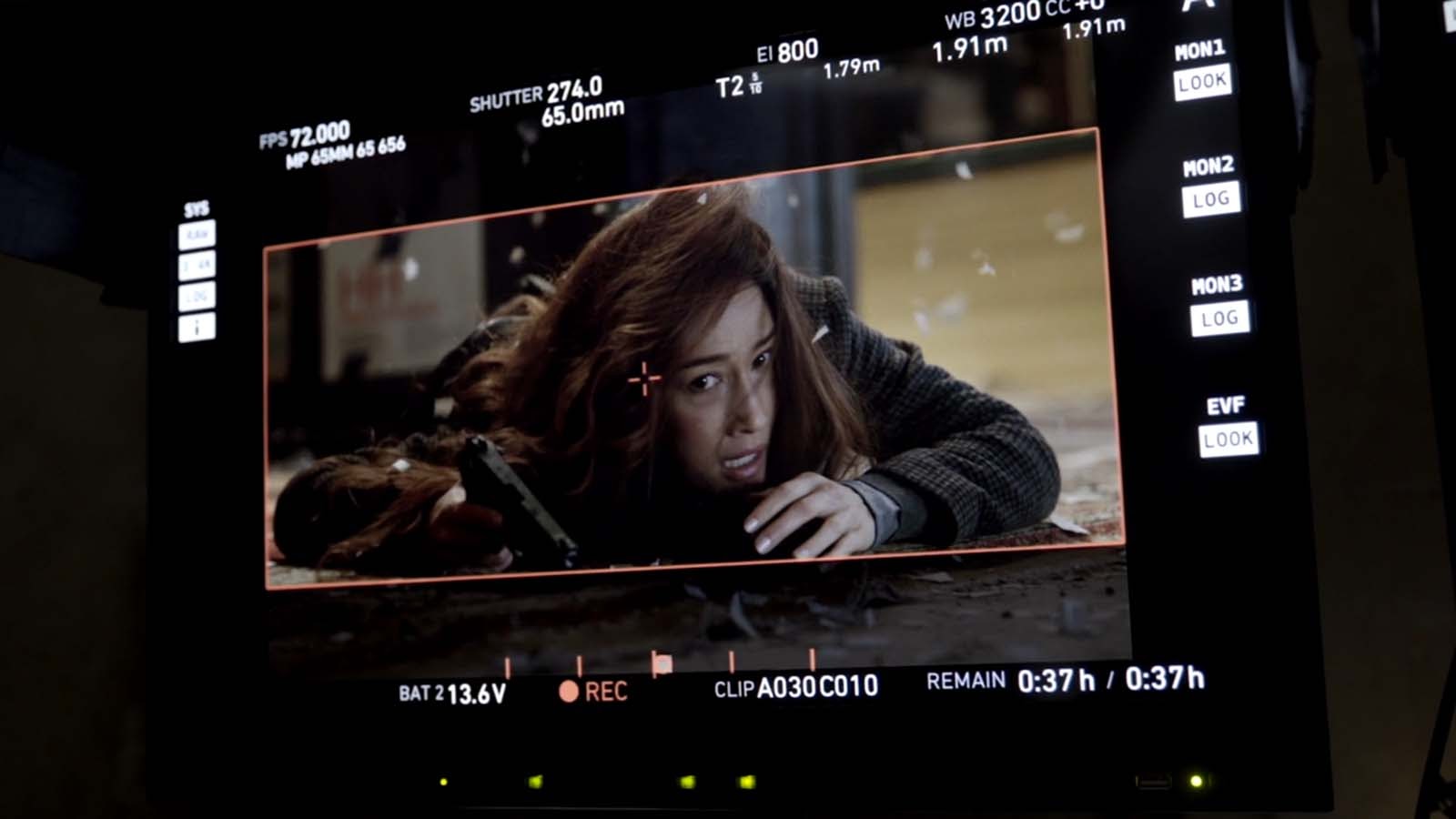 Monitor view of the action in The Protégé. Image © Lionsgate Movies