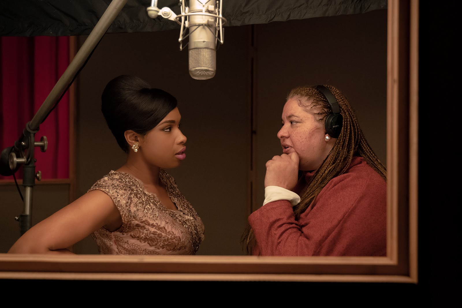 Jennifer Hudson gets some direction from Liesl Tommy in the soundbooth.