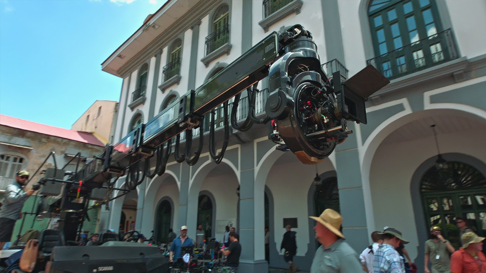 Camera crane filming The Suicide Squad on location.
