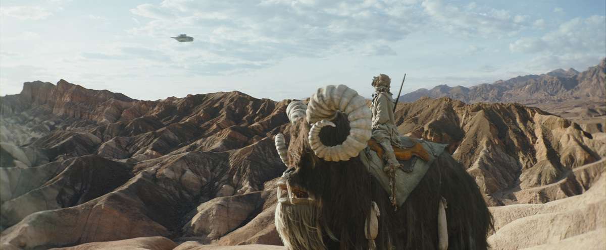 A Tusken Raider and his Bantha watch the Razor Crest descend in The Mandalorian