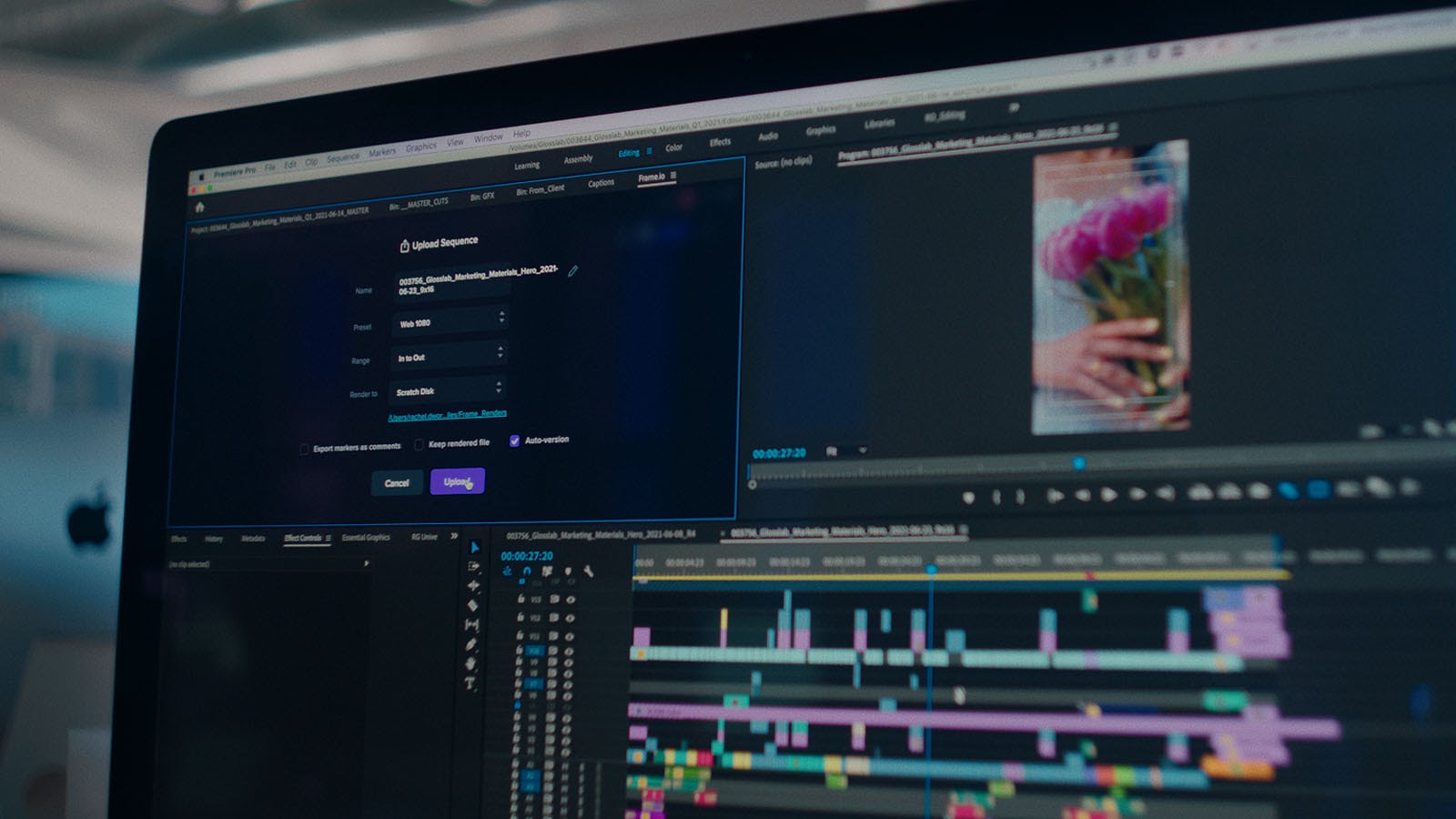 Uploading to Frame.io from within Premiere Pro.