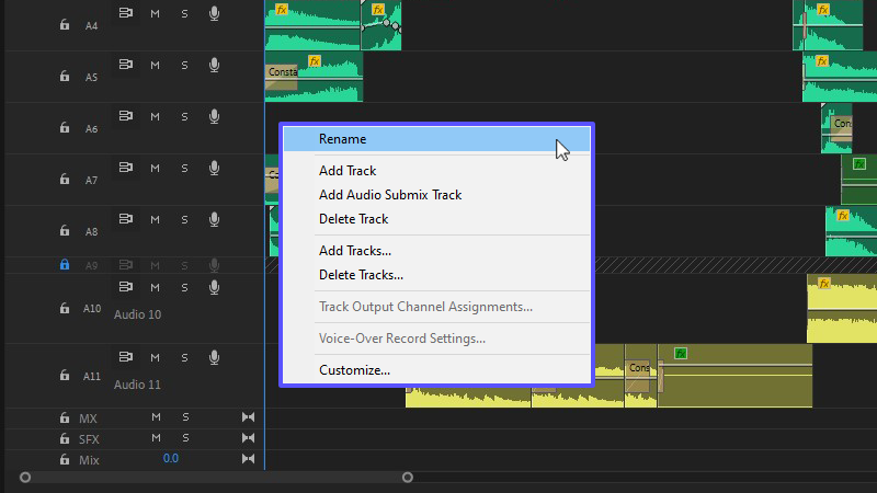 Renaming your audio tracks in the Premiere Pro timeline.