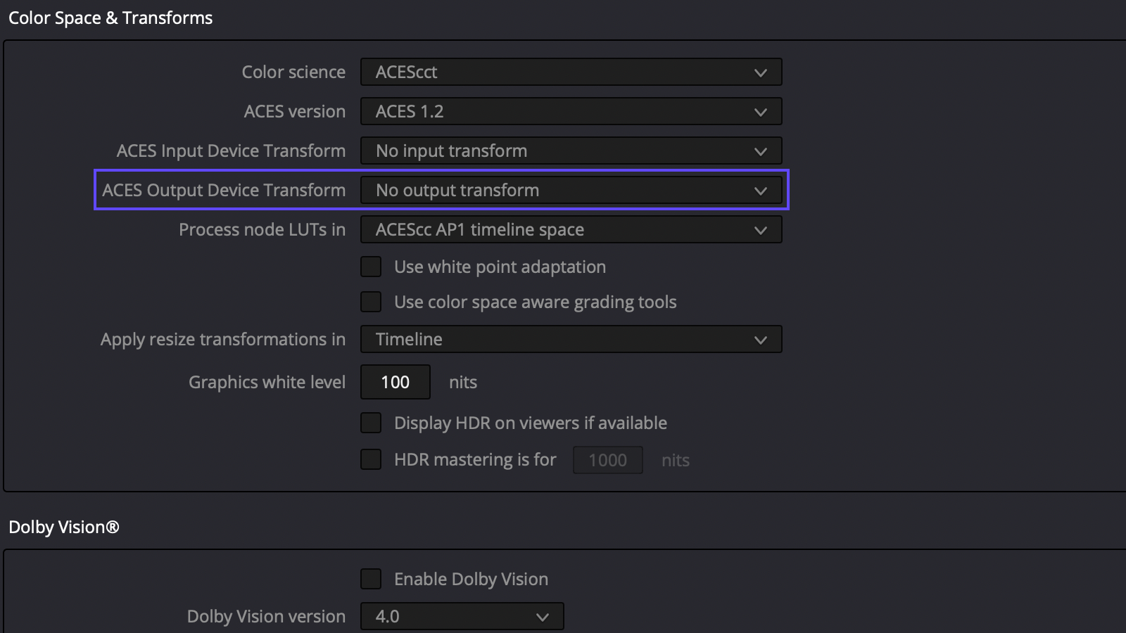 ACES Output Device Transform setting in DaVinci Resolve