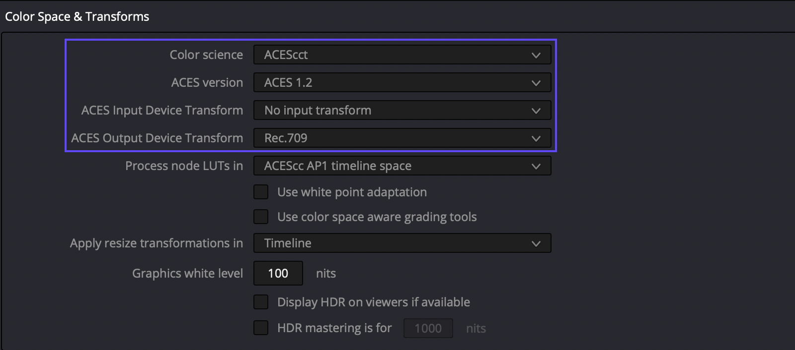 ACES Color Space and Transforms settings in DaVinci Resolve