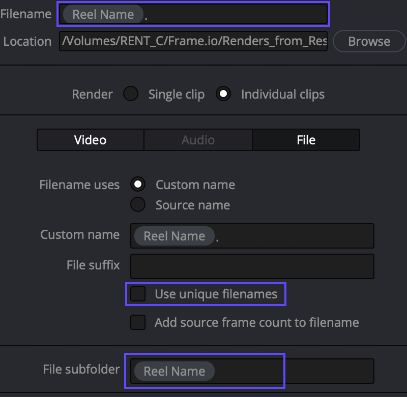 Filename export options in Resolve. Note the period after the Reel Name tag.