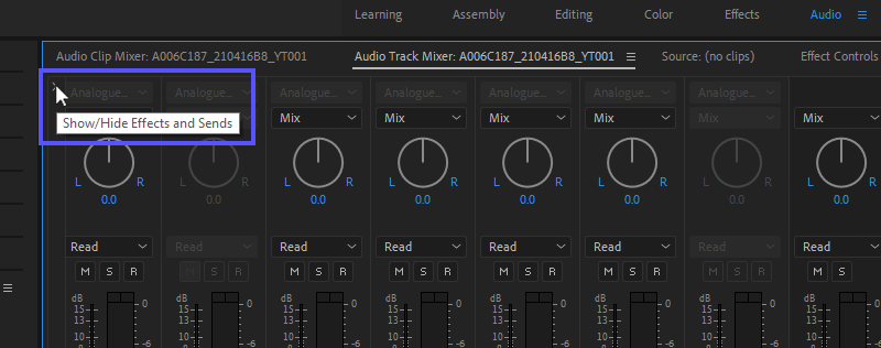 Click on the carat (small arrow) in the Audio Track Mixer’s top-left corner to reveal the Effects and Sends panel.