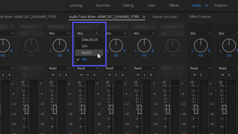 Assigning an audio track to a submix using the drop-down in the Audio Track Mixer panel.