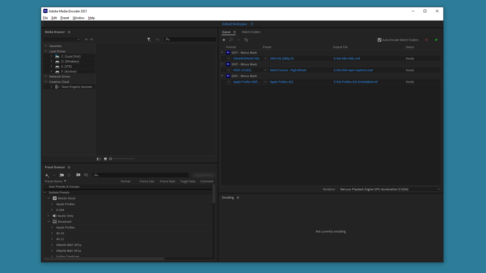 Multiple formats can be queued for batch export in Adobe Media Encoder