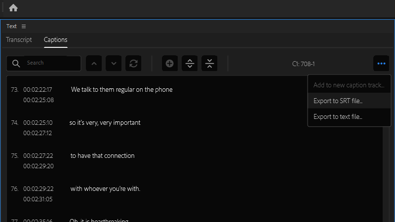 Options to export to SRT or text file can be found in the Text panel.