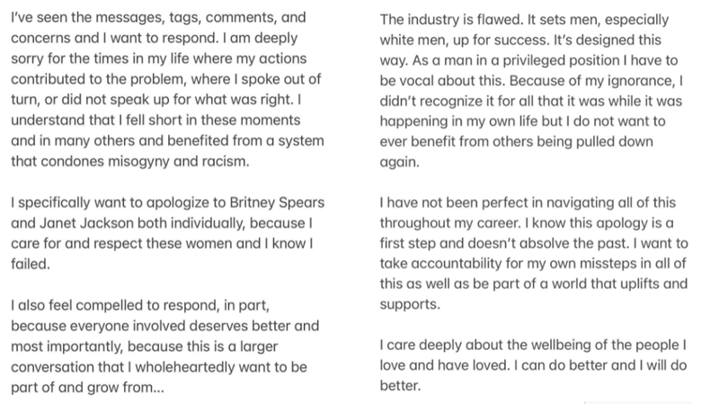 After the release of Framing Britney Spears, Justin Timberlake felt compelled to apologize for his past behavior.