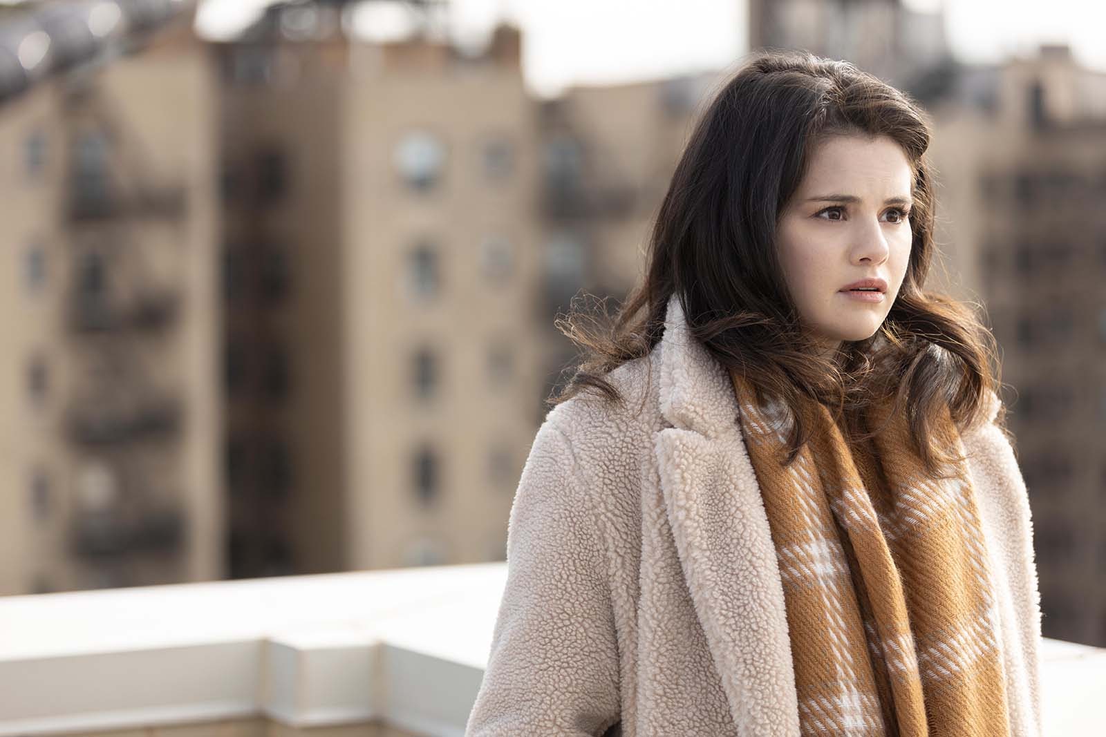 Mabel Mora (Selena Gomez) on the roof of the New York apartment building. Image © Hulu