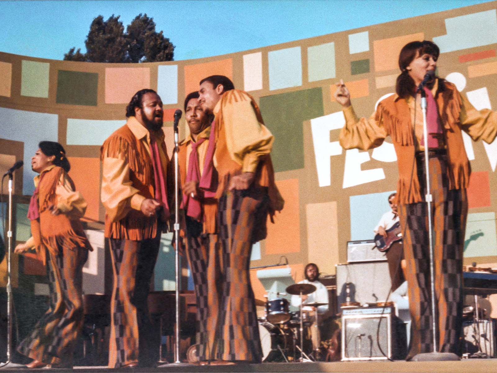 The 5th Dimension performing on stage in Summer of Soul. Image © 20th Century Studios