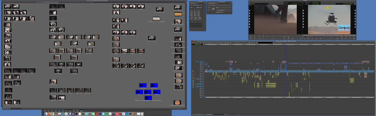 Dual monitor video of Avid edit timeline for Dune's ornithopter scene