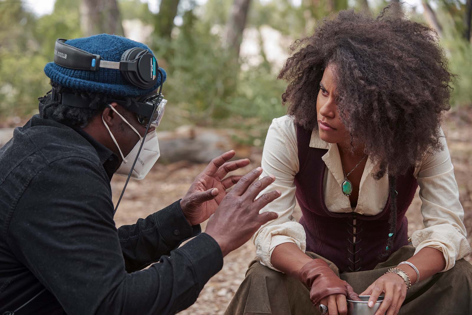 Writer/director Jeymes Samuel on set with Zazie Beetz, who plays Stagecoach Mary in The Harder They Fall. Image © Netflix