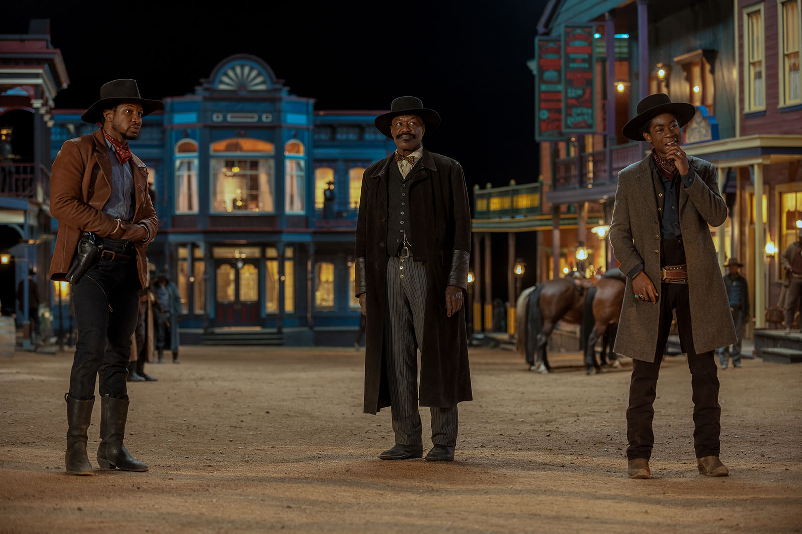 Nat Love (Jonathan Majors), Bass Reeves (Delroy Lindo), and Jim Beckworth (RJ Cyler) in The Harder They Fall. Image © Netflix
