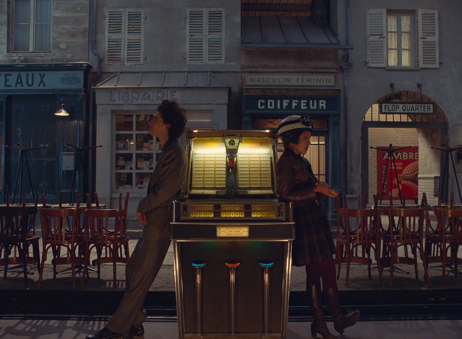 Timothée Chalamet as Zefferelli and Lyna Khoudri as Juliette in The French Dispatch. Image © Searchlight Pictures