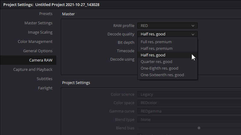 Changing global debayer quality by adjusting the Decode quality in the Resolve’s Project Settings.