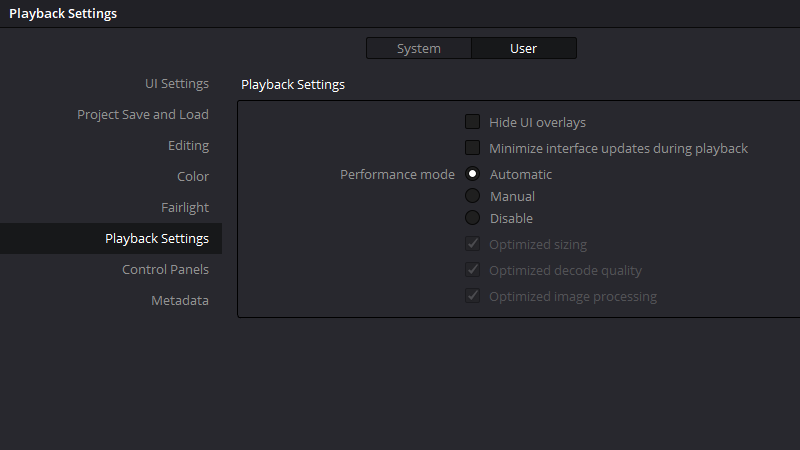 Choosing Performance mode in Resolve’s Playback Settings