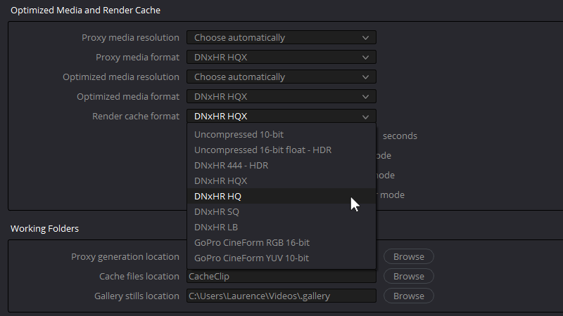 Choosing the codec for Resolve’s render cache
