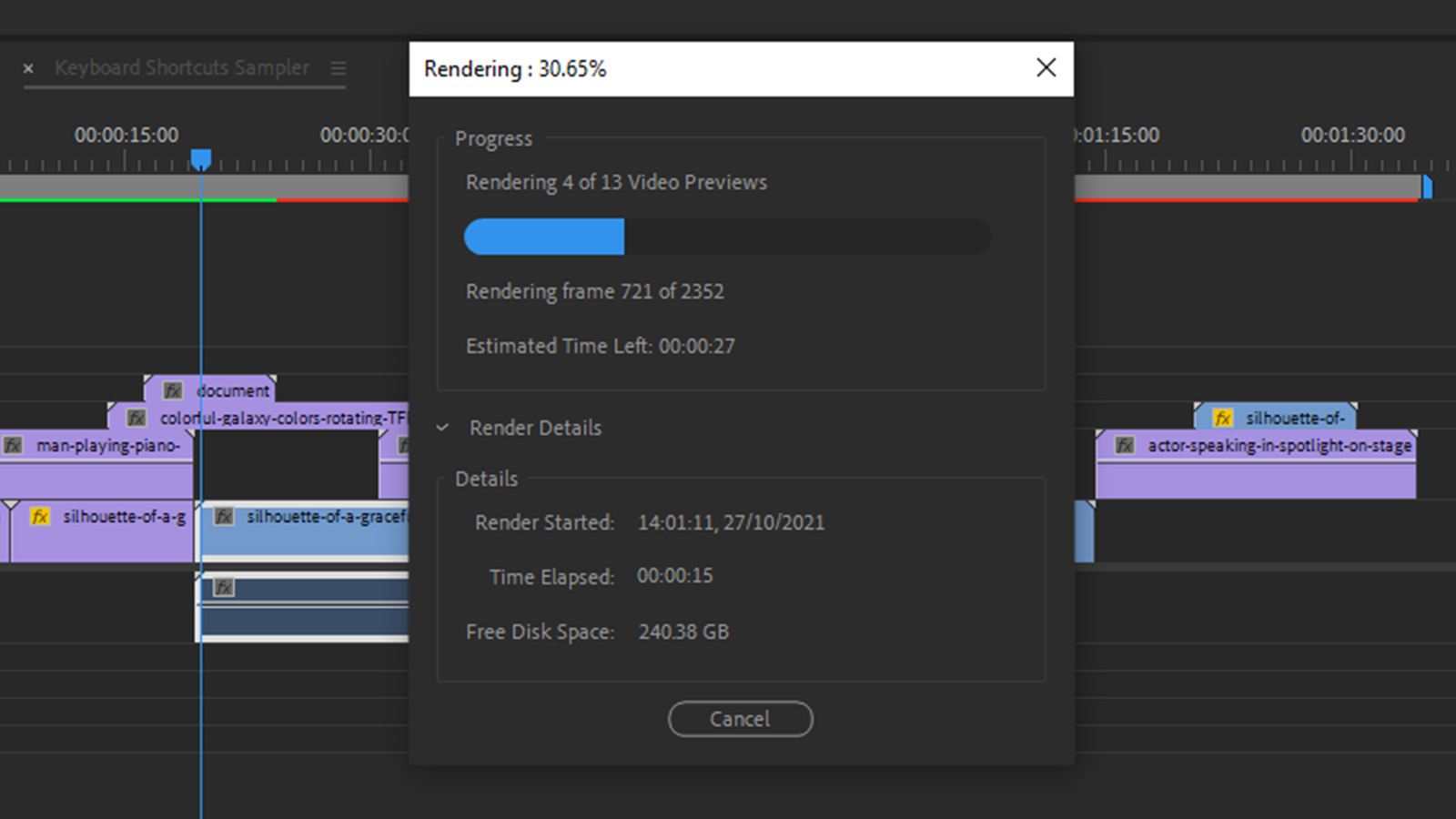 Rendering a timeline in Premiere Pro (Mercury playback engine’s software-only mode).