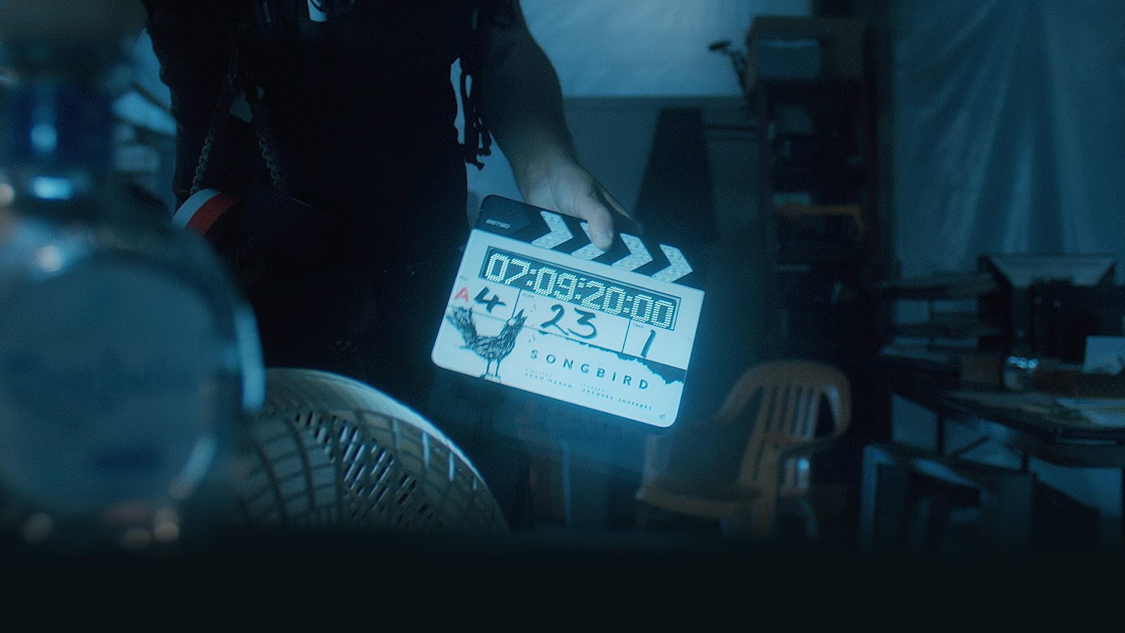 Slate for Songbird, the first feature to be produced during lockdown